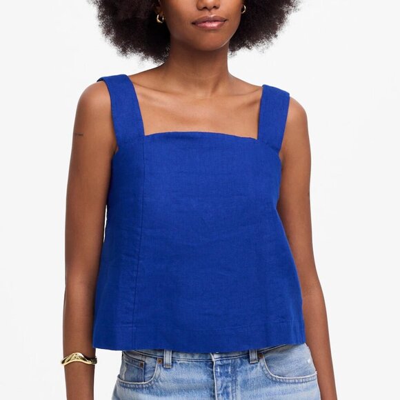 Madewell Curved Neckline 100% Linen Open Back Shell Tank Blue Size 8/M NWT - Picture 1 of 8